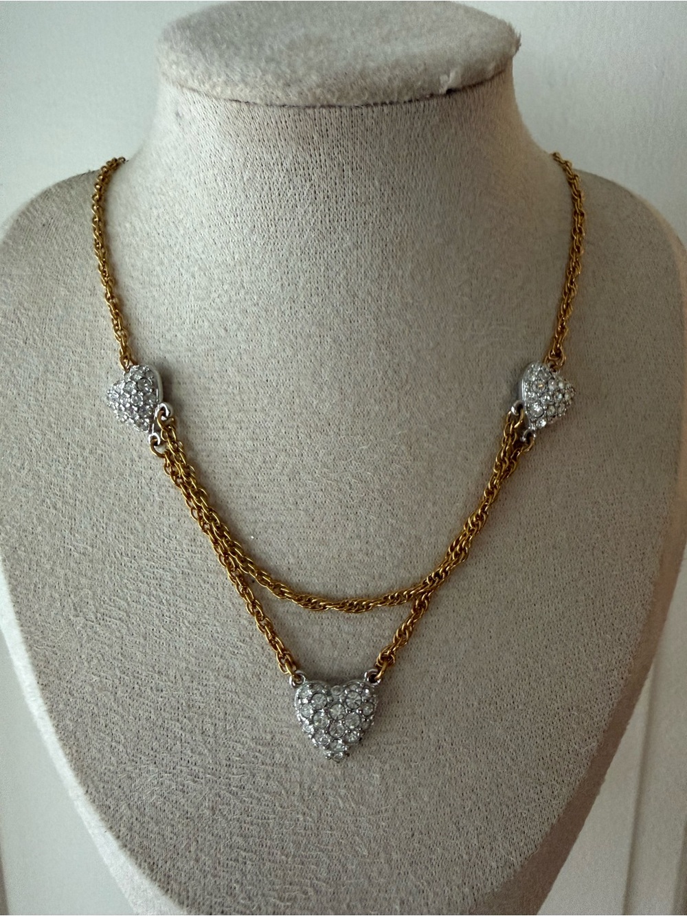 Signed Swarovski Gold-Tone Layered Heart Pendant Necklace with Crystal Accents